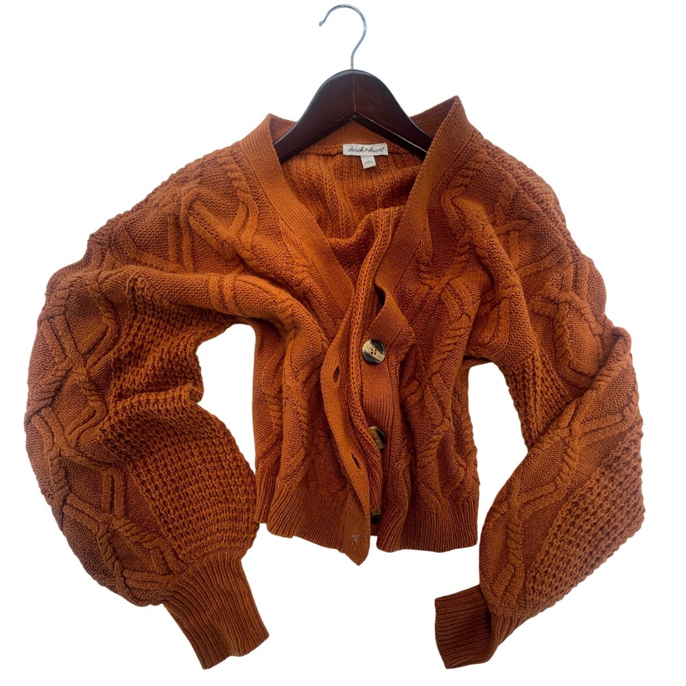 Derek Heart Women's L‎ Cable Knit Button Up Cardigan Sweater Orange Puff Sleeve